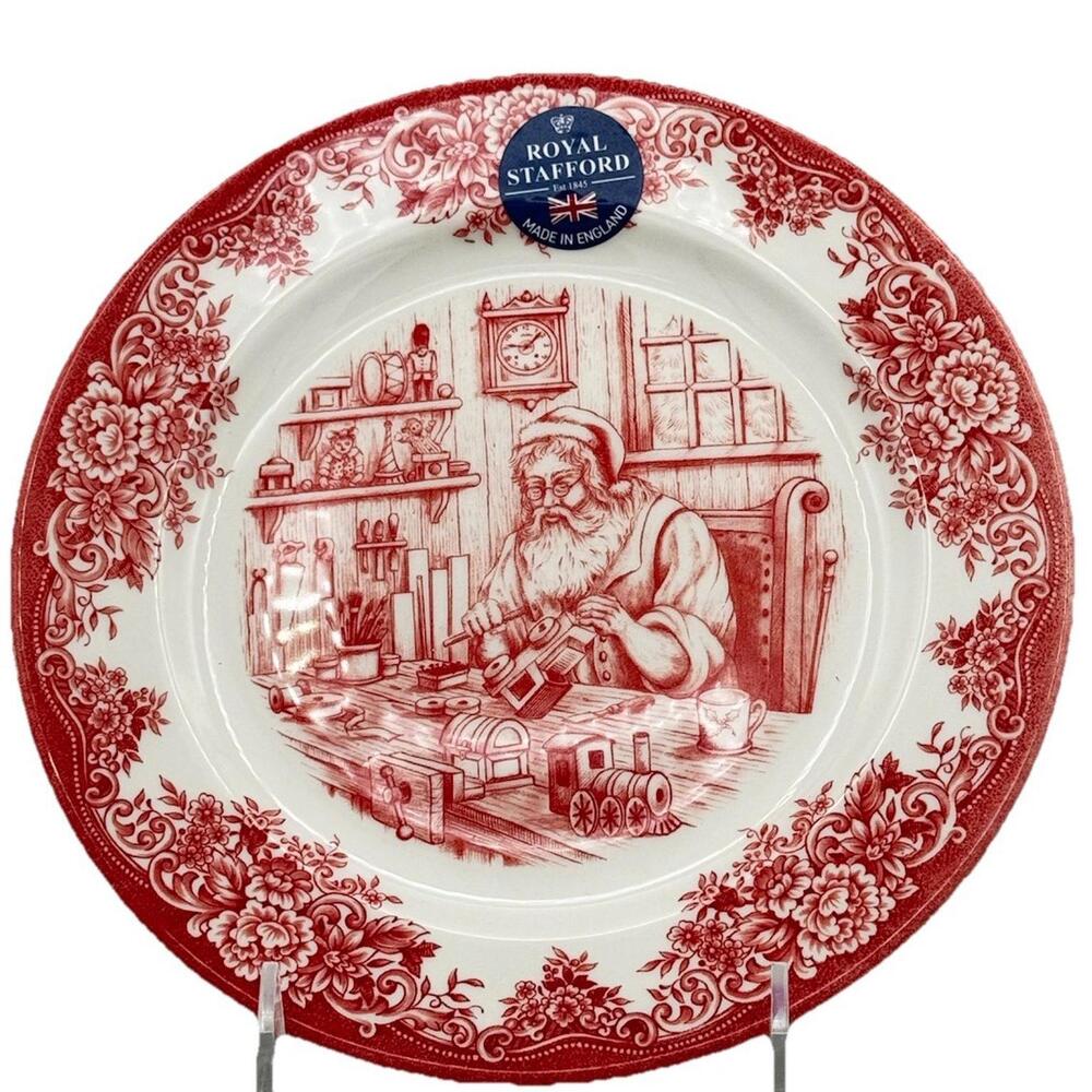 2 ROYAL STAFFORD~CHRISTMAS~SANTA'S Workshop Toy shop  Dessert Plate RED~NEW